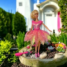 Vintage Barbie Doll Bubble Fairy 1998  Pink /Gold Dress Shoes  Brush Spin Cord