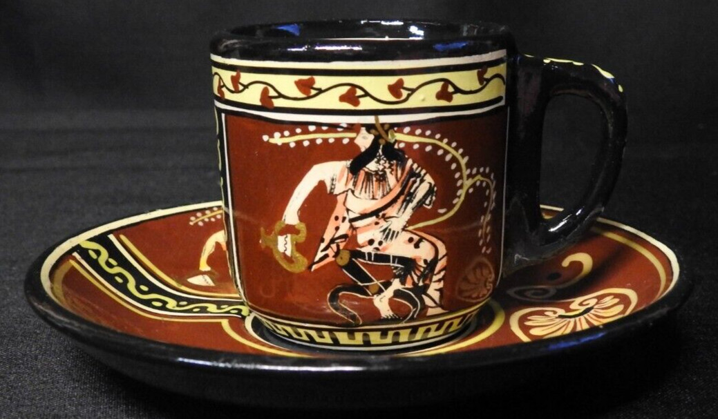 D. Vassilopoulos Pottery Demitasse Cup and Saucer Set Dionysos and Kantharos
