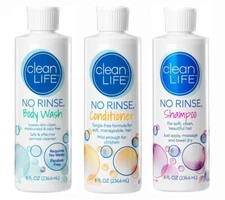Clean Life No Rinse Body Wash, Shampoo & Conditioner 8 Fl. Oz Each Bottle