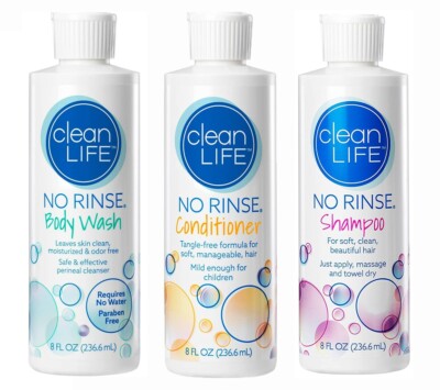Clean Life No Rinse Body Wash, Shampoo & Conditioner 8 Fl. Oz Each Bottle