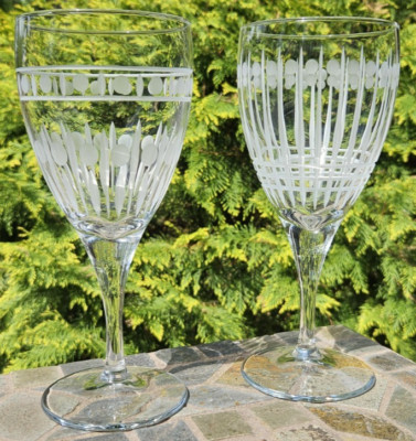 2 RARE Pasabahce Wine Water Glasses Goblets, Etched Lines & Dots. 8''  FREE SHIP