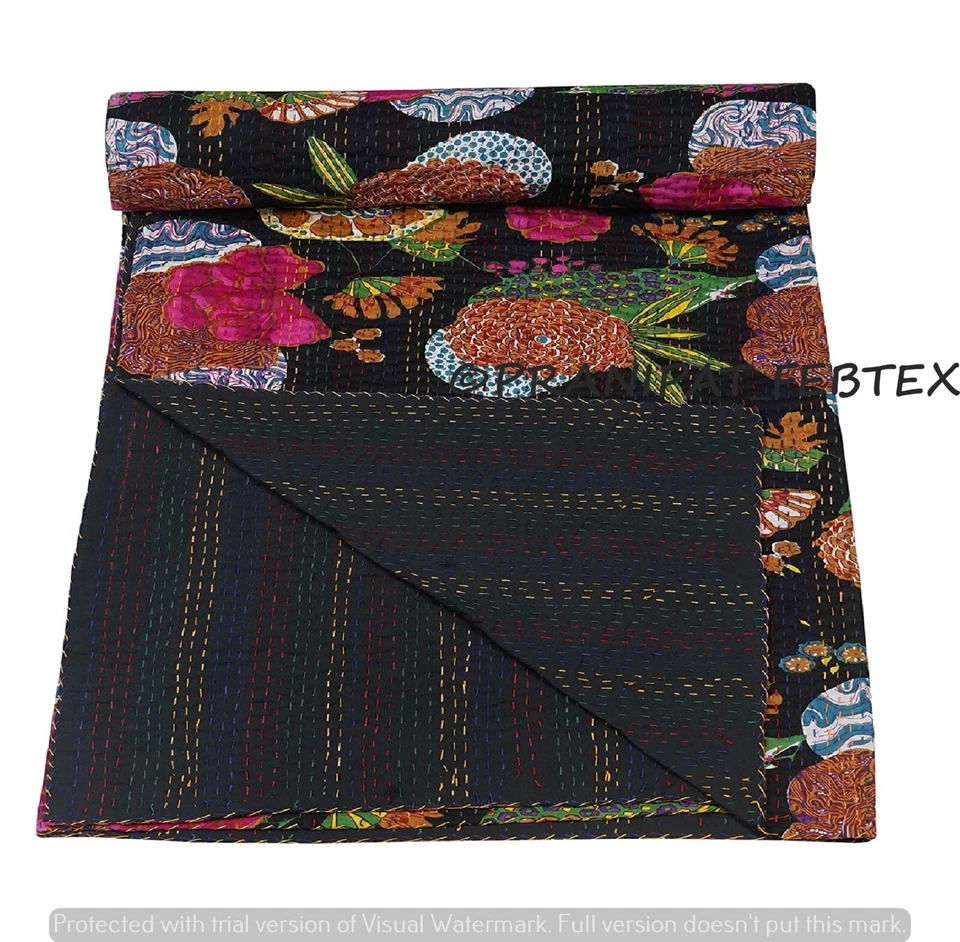 Colcha Indian Kantha Estampado Tropical Negra Queen Algodón Colcha Foto 3 de 4