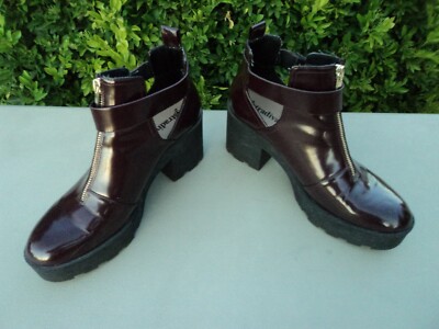Womens Stradivarius Platform Buckles Zip Ankle Shoes Red Wine