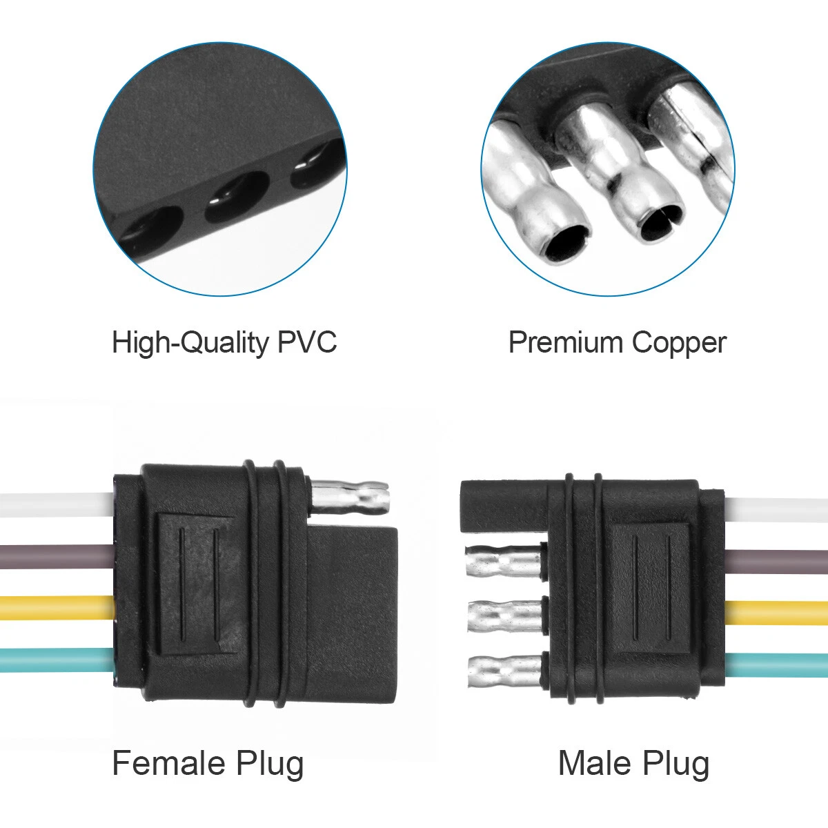 2ft 4-Pin Trailer Light Plug Wiring Harness Extension 18 AWG Flat Wire Connector