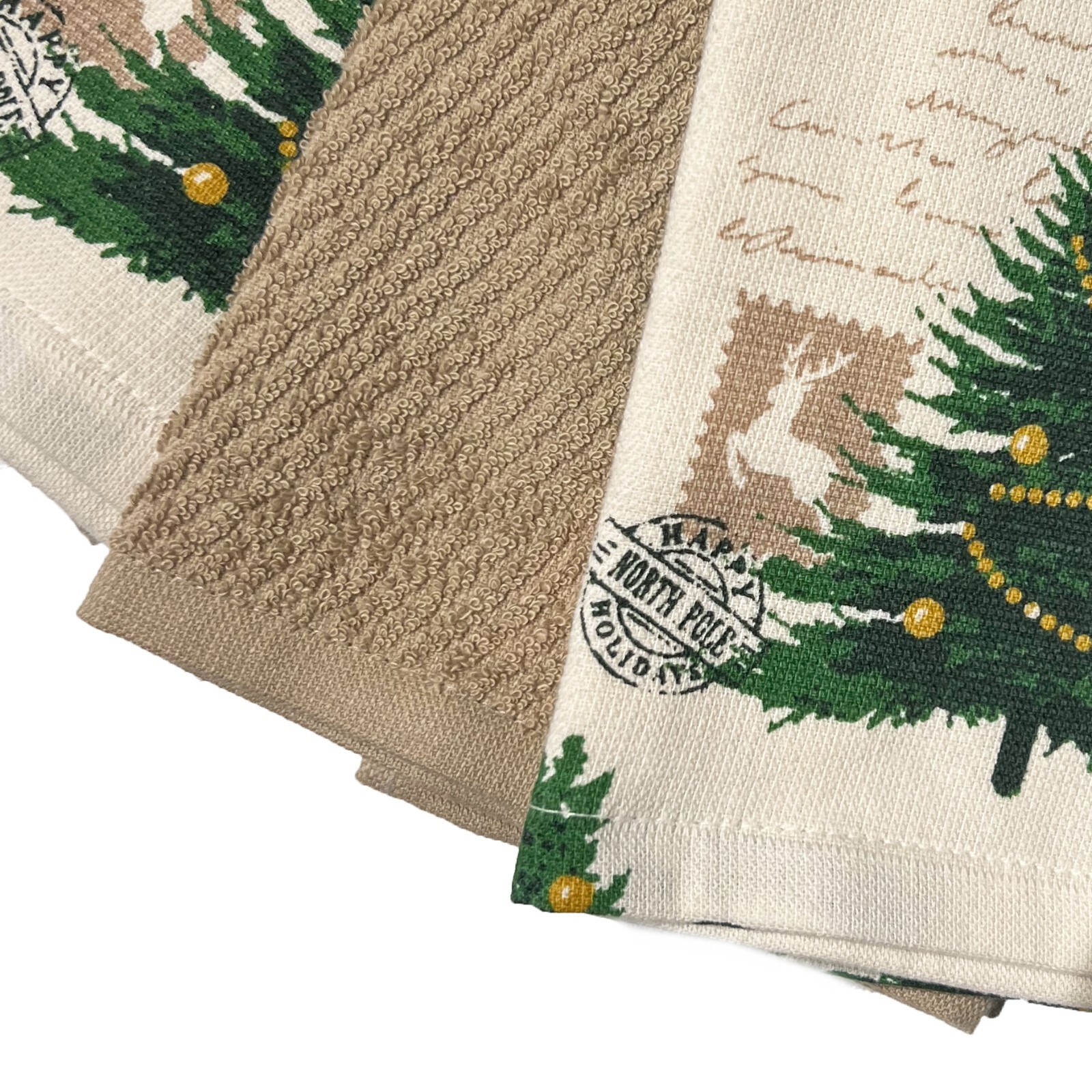 4PK New CHARMONT Reverse Terry Kitchen Towels Christmas Stamps Khaki Green Multi