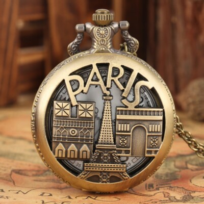 Retro Bronze Paris Men Women Quartz Pocket Watch Necklace Pendant Chain  Souvenir