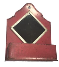 ANTIQUE TIN WALL MOUNT Comb Brush Tray SHAVING MIRROR Pink Depression Era 11”