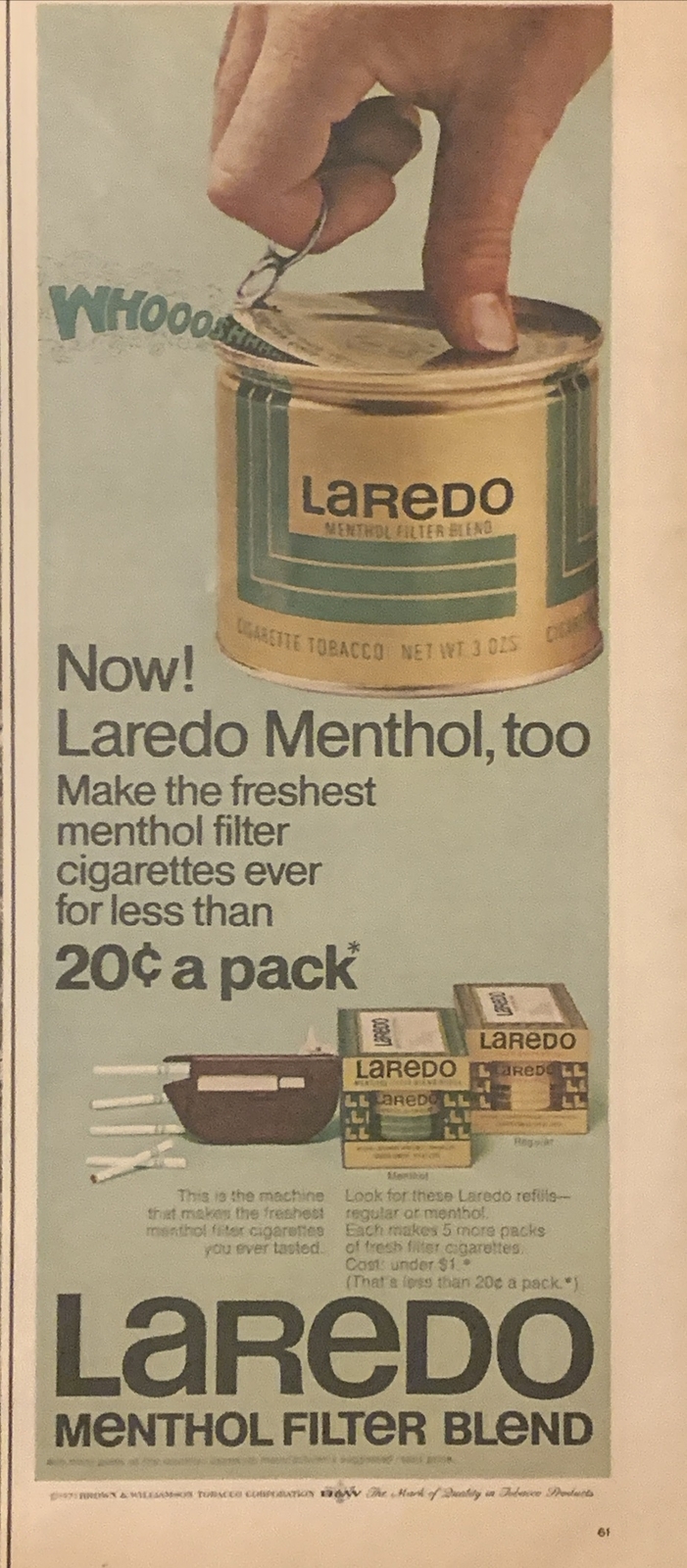 1971 Laredo Cigarette Tobacco Menthol Blend Roll Own Filter Cig VTG 70s PRINT AD