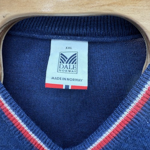 Suéter Jersey DALE OF NORWAY Hombre Talla XXL Cuello en V Lana Merino Azul Marino Rojo - Imagen 3 de 12