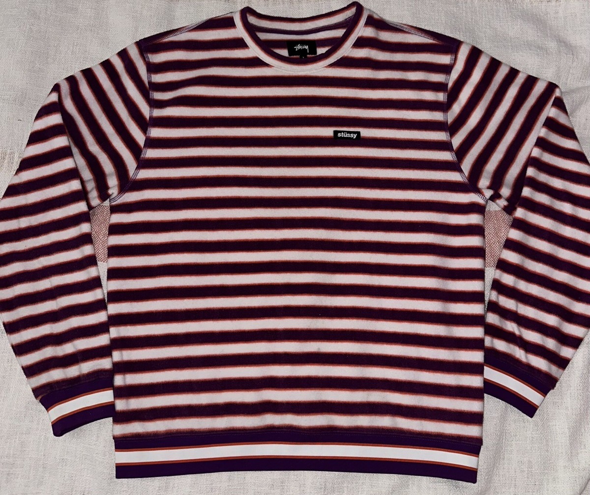 Stussy Striped Polar Fleece Crew Neck Men's Large Berry Mini Stussy Striped Polar Fleece Crew Neck Men's Large Berry Mini