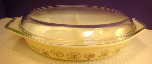 Vintage Pyrex Dandelion Pattern Divided Casserole Dish with Lid 1  1/2 Quart~USA