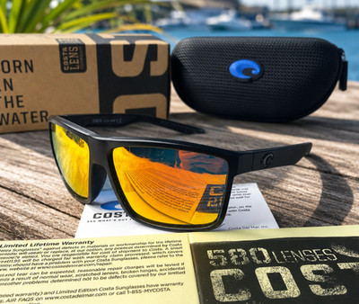 NEW Costa Del Mar Rincon Polarized UV Black Frame Orange Mirror Sunglasses