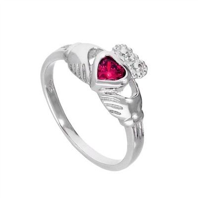 Sterlingsilber & Rubin CZ Kristall Juli Geburtsstein Claddagh Ring Größen 48 - 6
