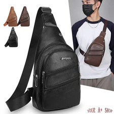 Men's Leather Sling Bag Chest Pack Crossbody Shoulder Backpack USB Earphone Port