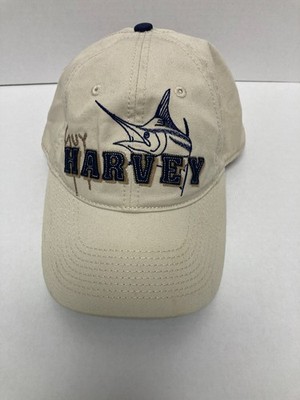 Guy Harvey BB Style Hat Beige W/ Raised Blue Letters SZ Adjustable Strap Back VG