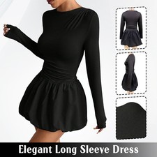 Elegant Slim Fit Long Sleeve Women Dress Elastic Pleated Skirt Date Party Dress.