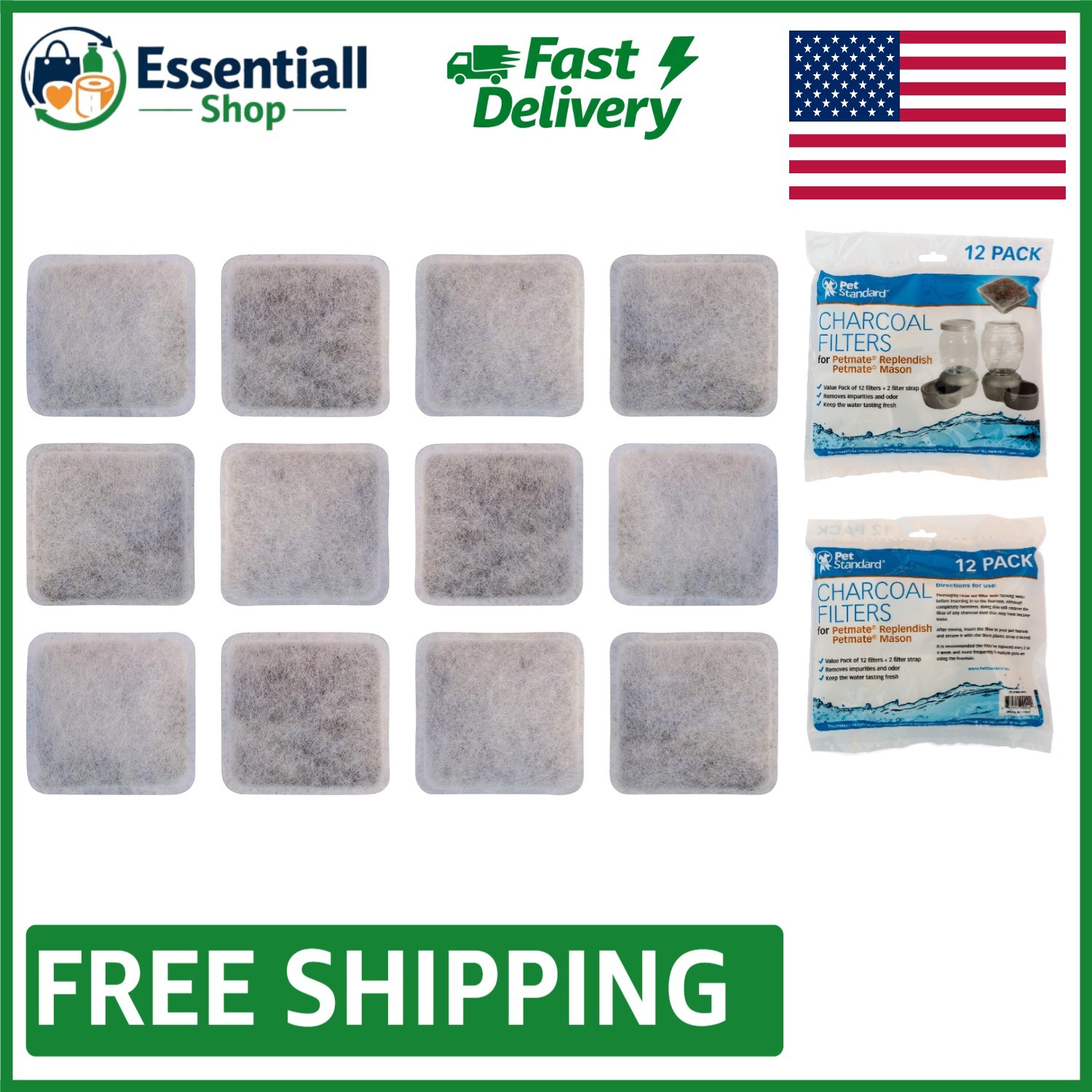 12-Pack Charcoal Pet Filters for Fresh Water - Compatible with Petmate Fountains