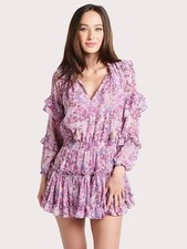 MISA Pink Purple Floral Tassel Tie Split Neck Ruffle Rizou Mini Dress XS = 0/2