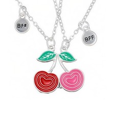 Best Friends Necklace for 2, Cherry Matching Pendant Friendship Pink Red