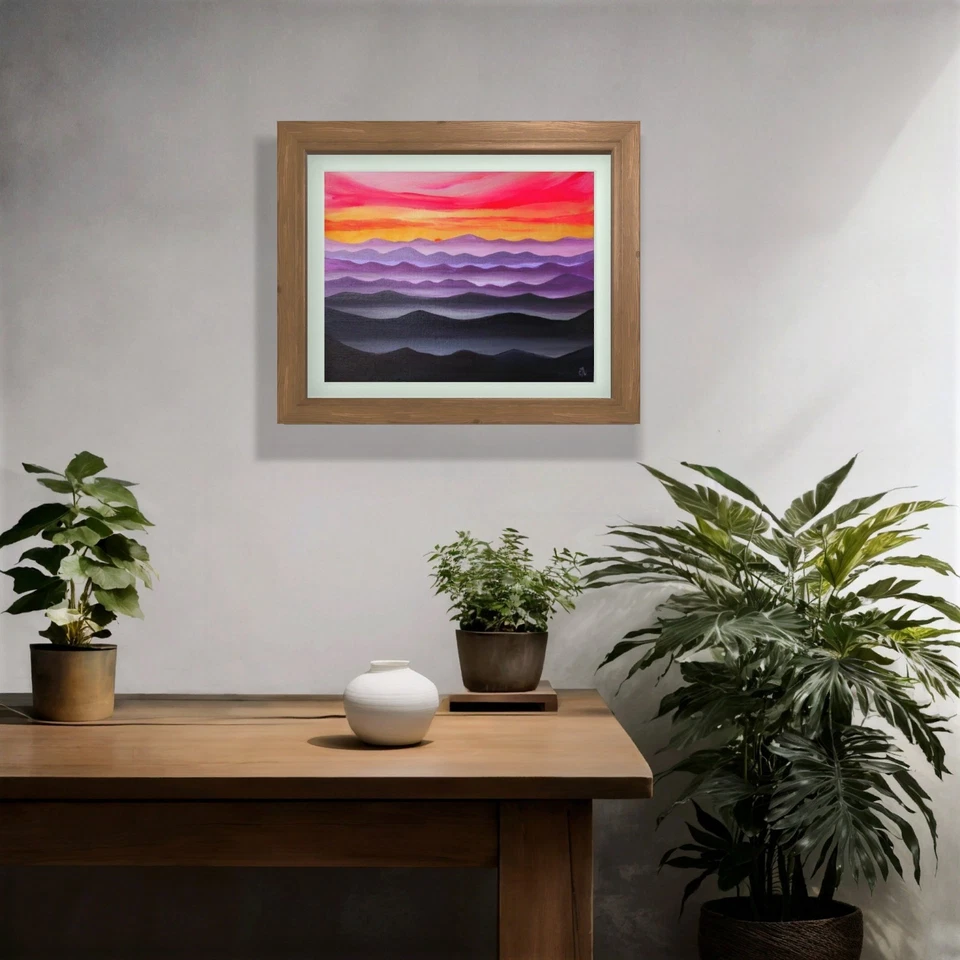 Pintura original sobre lienzo. Puesta de sol Smoky Mountains. Paisaje de los Apalaches 8x10" Foto 2 de 4