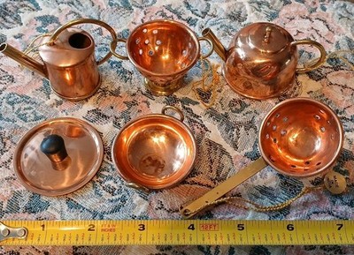 Set Of 6 Dollhouse Miniature Copper Kitchen Tea Kettle Strainer Flower Pail Lid