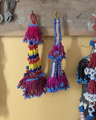 Vintage Beaded Kuchi Tribal Tassels Colorful Non-Matching Pair (19659)