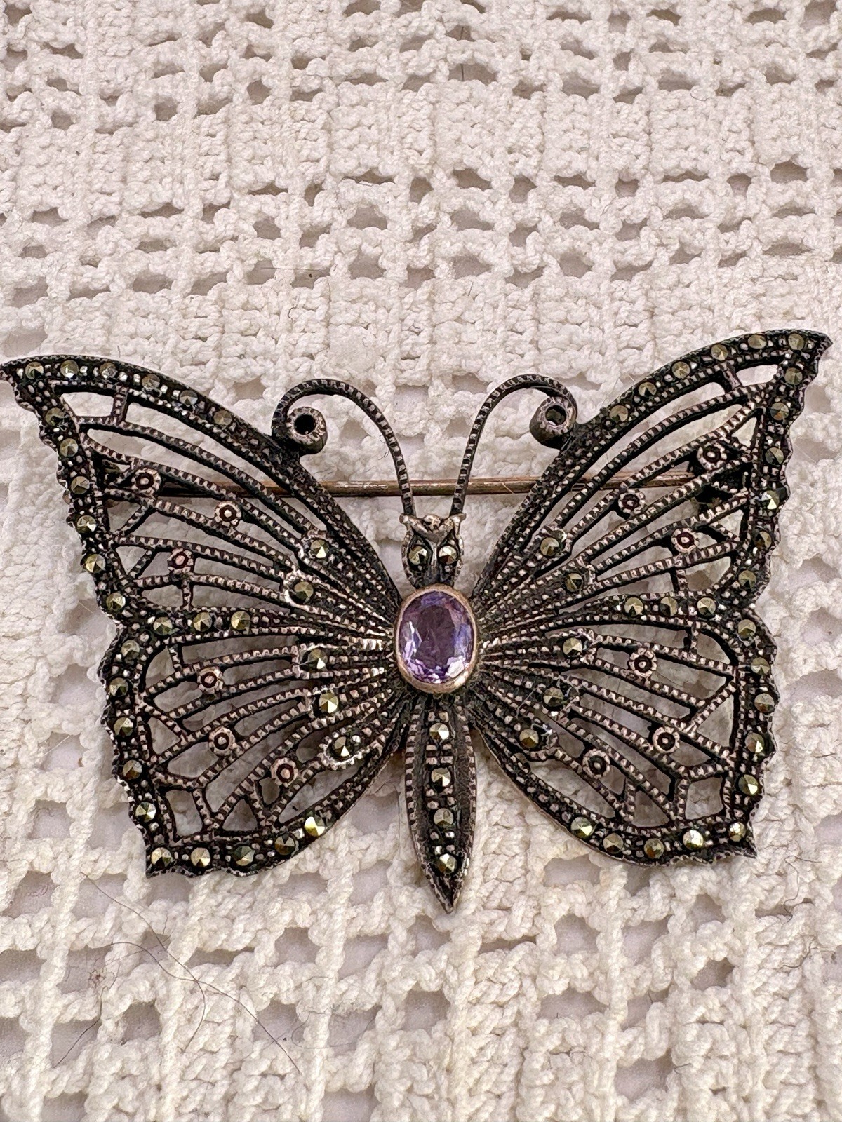 Vintage Sterling Silver Marcasite Amethyst Butterfly Brooch 8g