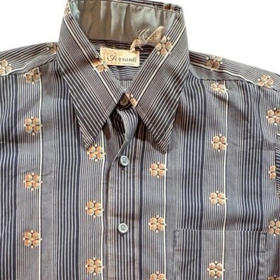 Ferranti California Vintage 70s Button Down Shirt Mens 15.5 Navy Striped Floral