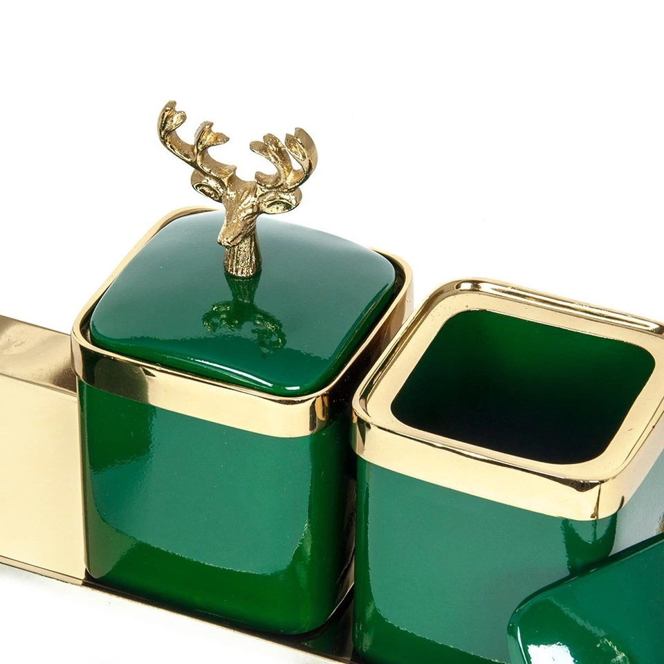 DECOSILUET Decorative Jars Set “Deer” 3pcs with Gold Tray Green Home Decor - Image 3 of 3