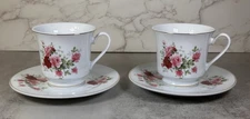 SET OF 2 Darice Pink Roses Flowers Tea Cup and Saucer Gold Trim Shabby Chic