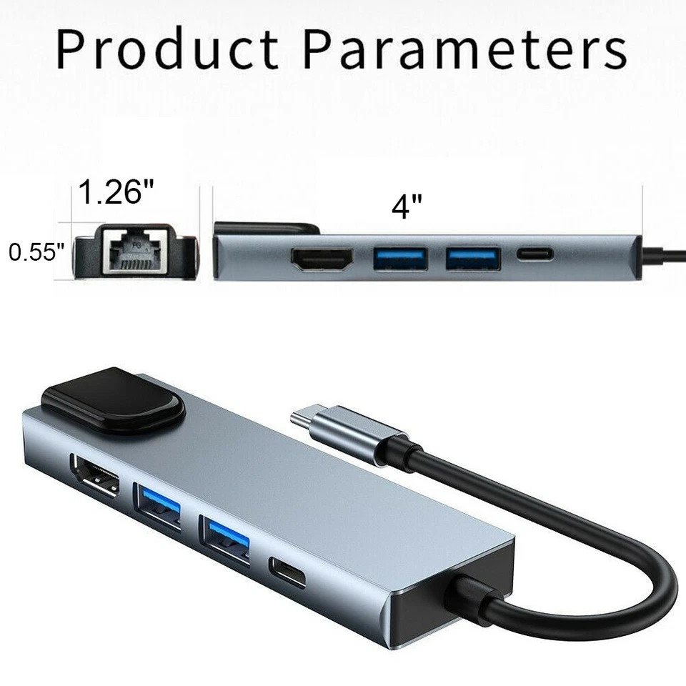5 IN 1 Type-C to USB 3.0 Hub 4K HDMI RJ45 Ethernet Adapter for Macbook Keyboard - Image 3 of 4