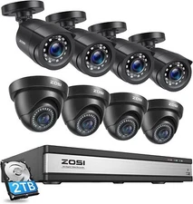ZOSI 16CH H.265+ DVR with Hard Drive 2TB 8 1080P Home Security Camera System