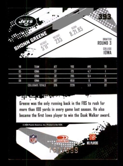 2009 Score Inscriptions #393 Shonn Greene RC 167/999 - Image 2 of 2