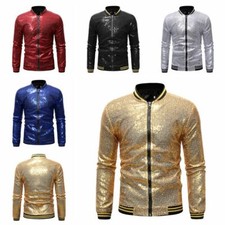 Uomo Lustrini Baseball Varsity Giacca Zip Dance Show Giacca Vestito