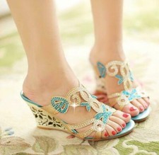 Womens Rhinestone Sandals Slipper Slip On Summer Mules Mid Wedge Heel Hollow Out