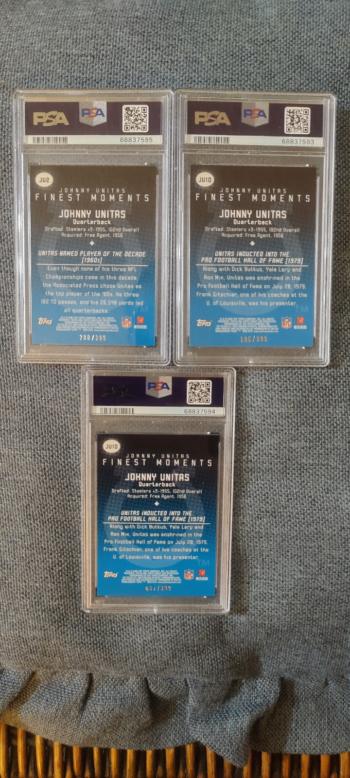 2008 unitas fin. moment johnny unitas refractor 067/399,105/399,280/399 psa 9 (3 view 2