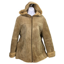 Vtg Jones Sport Tan Faux Fur Lined Hooded Zippered 3/4 Coat Women's Size L