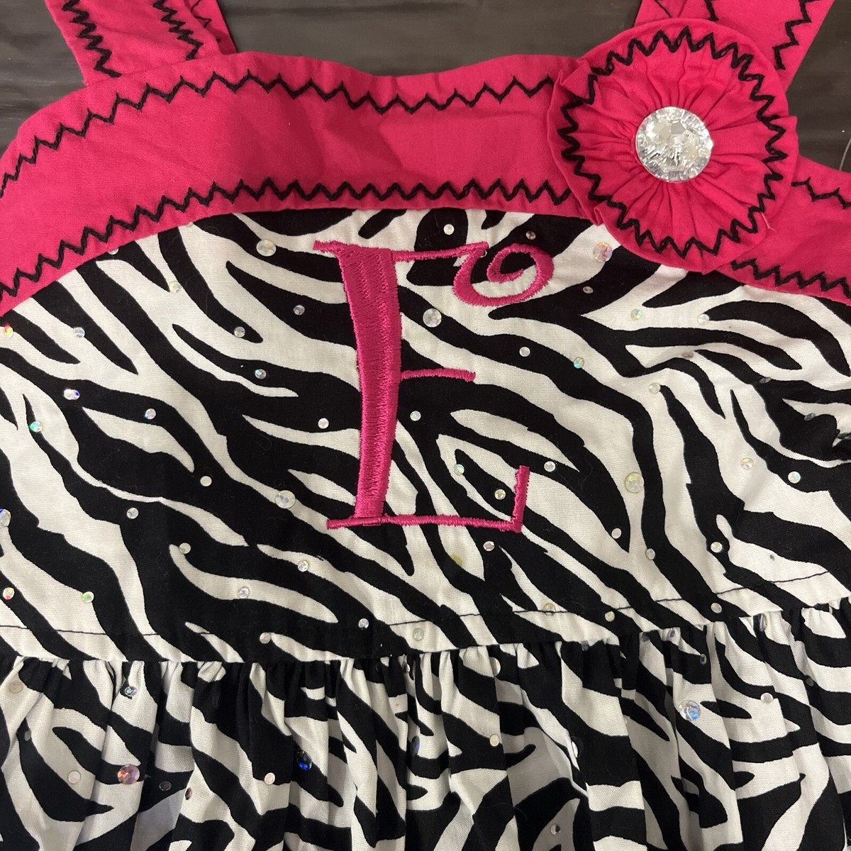 Zebra Monogram “E” embroidered girl pink zebra summer Dress sz 4T