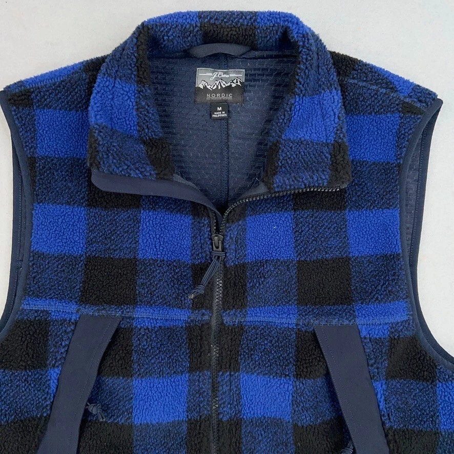 J Crew Vest Mens Medium Blue Black Buffalo Plaid Nordic Sherpa Fleece Sweater - Image 3 of 4