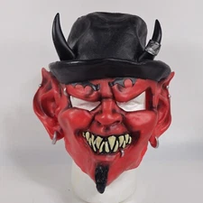 2005 Disguise Red Devil Halloween Mask Rubber Latex w/ Hat & Horns