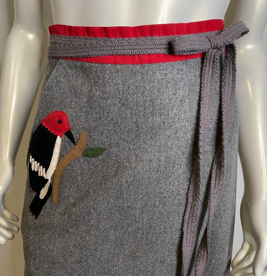VTG 60s Woodpecker Bird Applique Wool Wrap Skirt S 4 6 8 Retro Gray Red Crabtree - Image 3 of 4