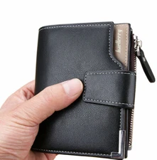 Black Small Leather Trifold Men Wallet Card Holder with ID Window Coin Pocket US