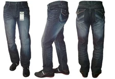 Men's Hama Jeans Straight Leg Slim Fit Back Rivets Button Flip Pockets 