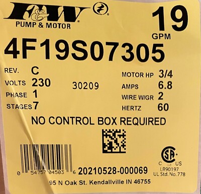 4F19S07305 F&W Flint and Walling Deep Well Submersible Pump 19 GPM 230V 6.8 Amps