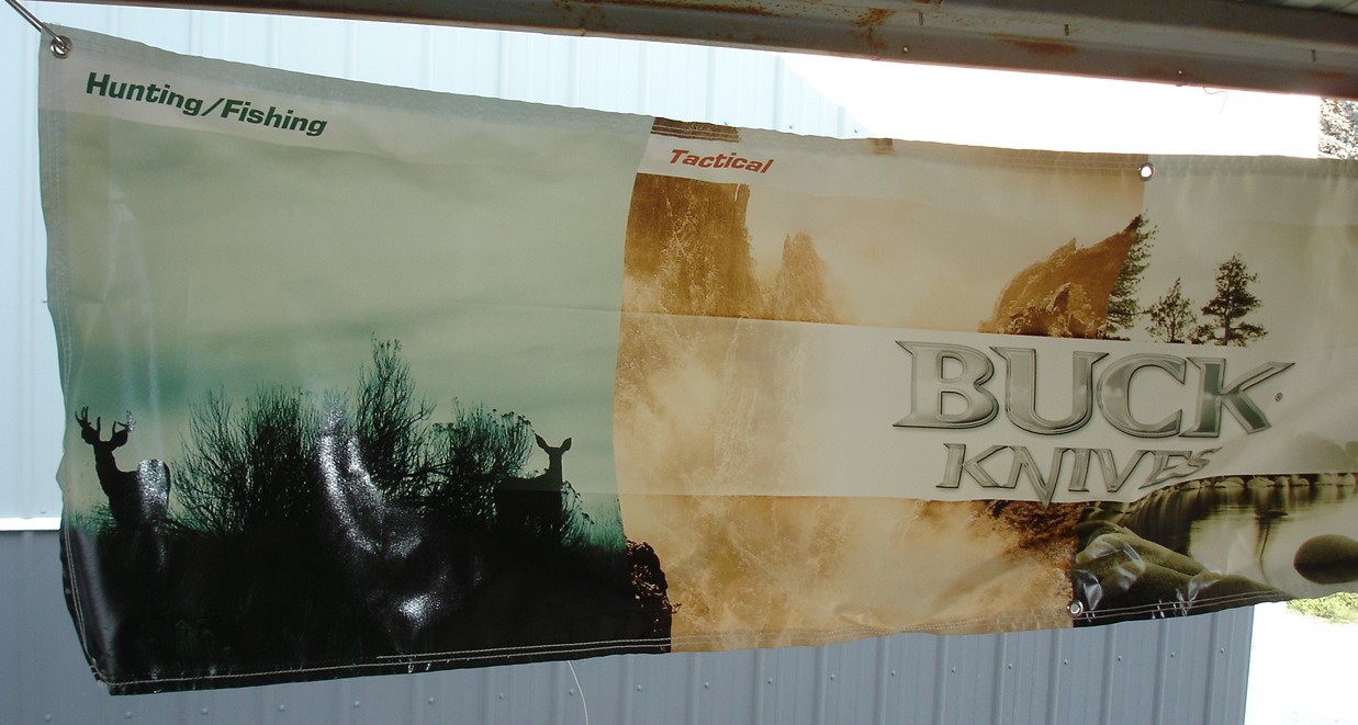 1 BUCK KNIFE KNIVES 4 SEASONS VINYL BANNER 81" X 21" RIGHT OUTTA FACTORY STORAGE