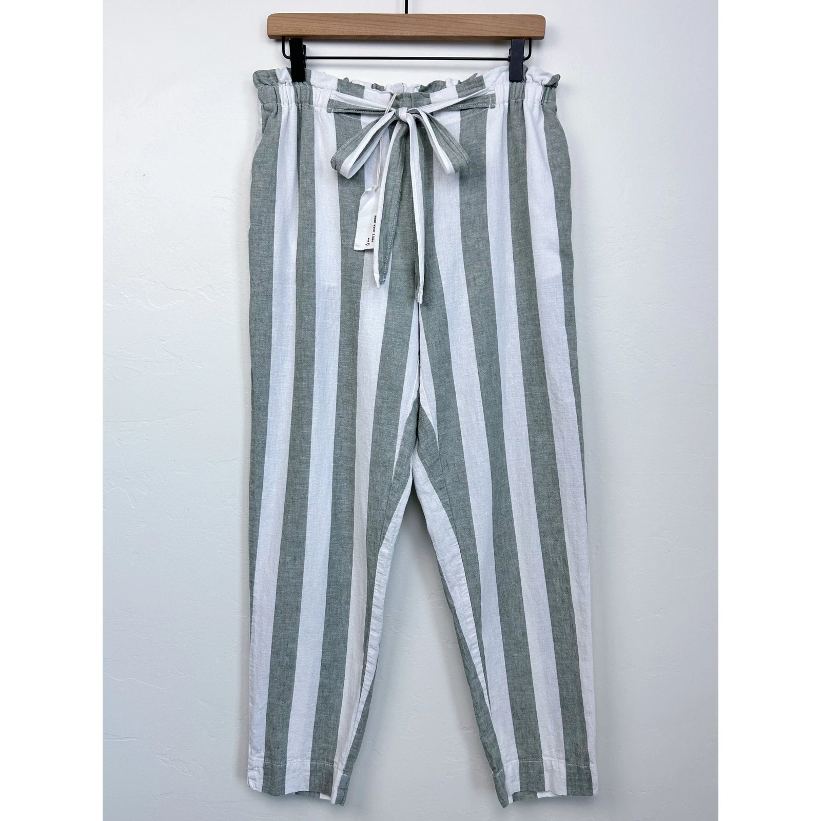 BeachLunchLounge MEDIUM Cotton Linen Blend Green Striped Elastic Waist Pants NWT