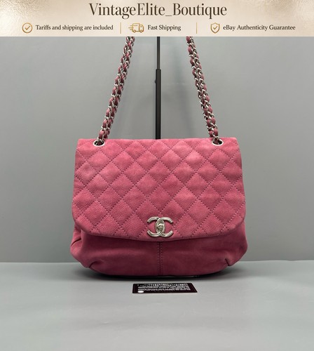 CHANEL Medium Pink Suede Classic Flap Shoulder Bag Silver HW Preowned Authentic