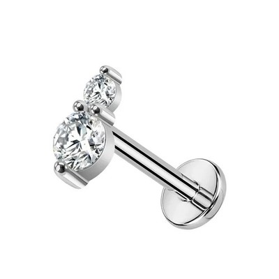 G23 Titanium Double Oval CZ Threadless Flat Back Stud Lip Labret Tragus Helix