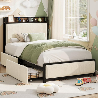 Twin Size Bed Frame with 2 Storage Drawers and Charging Station, Rustic Linen Up