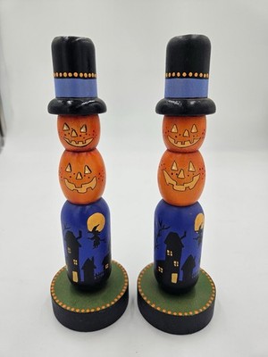 Hand Painted Wooden Pumpkin Stack Figurines Halloween Witch House Folk Art Pair